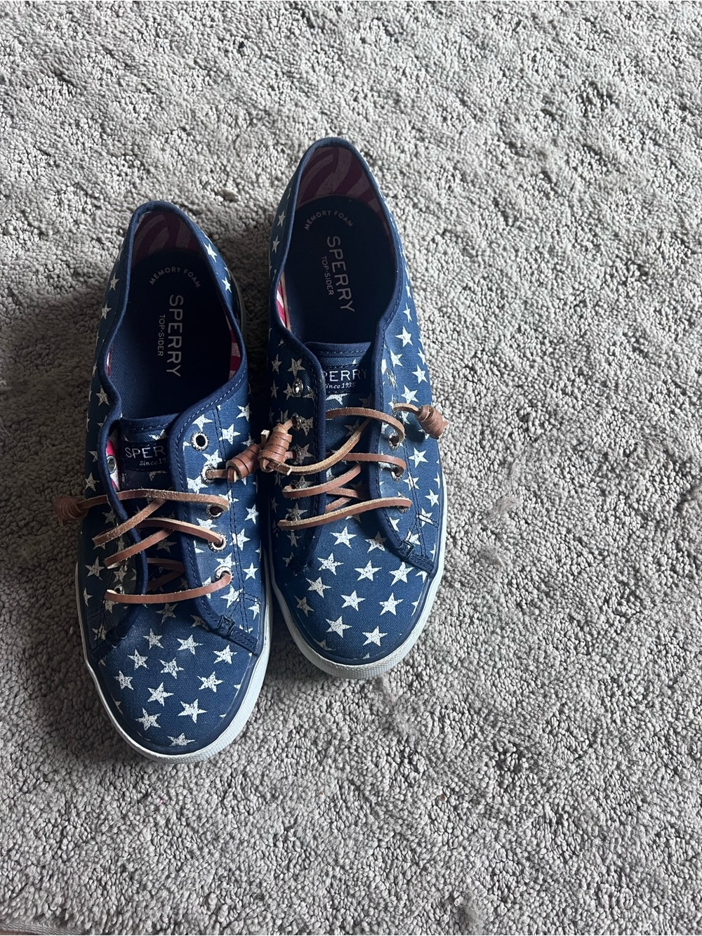 Sperry Navy Star-Print Canvas Boat Shoes with Brown Laces